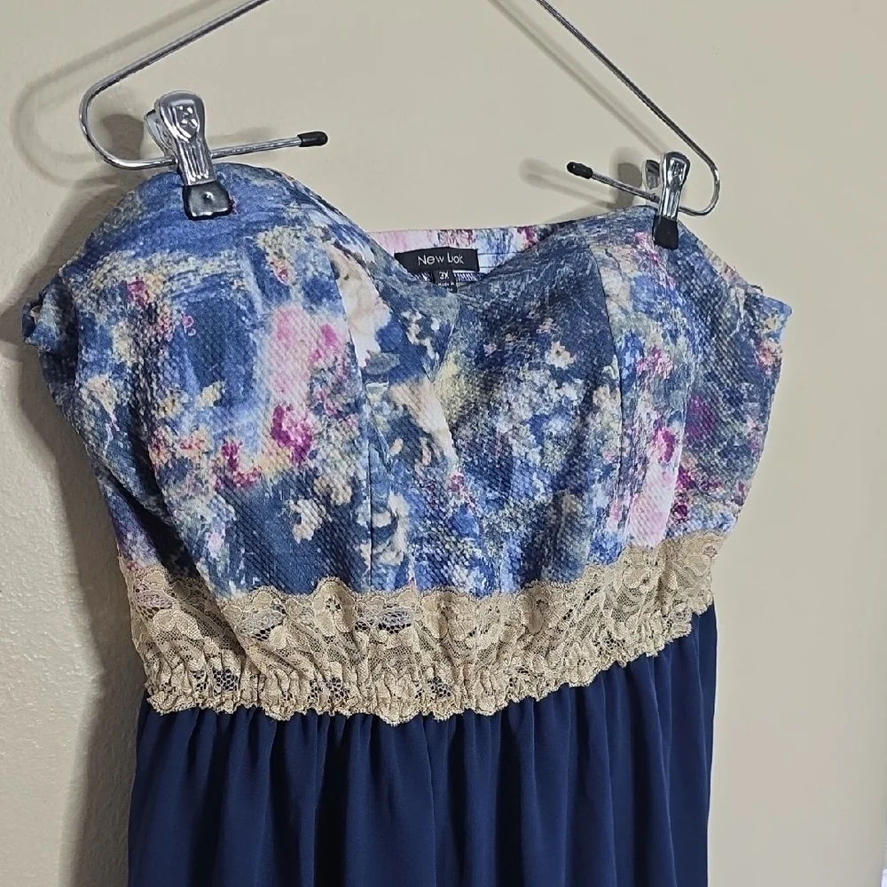 New Look Strapless Hi-Low Floral Lace Trim Dress Blue 3X Plus Size Boho Flowy